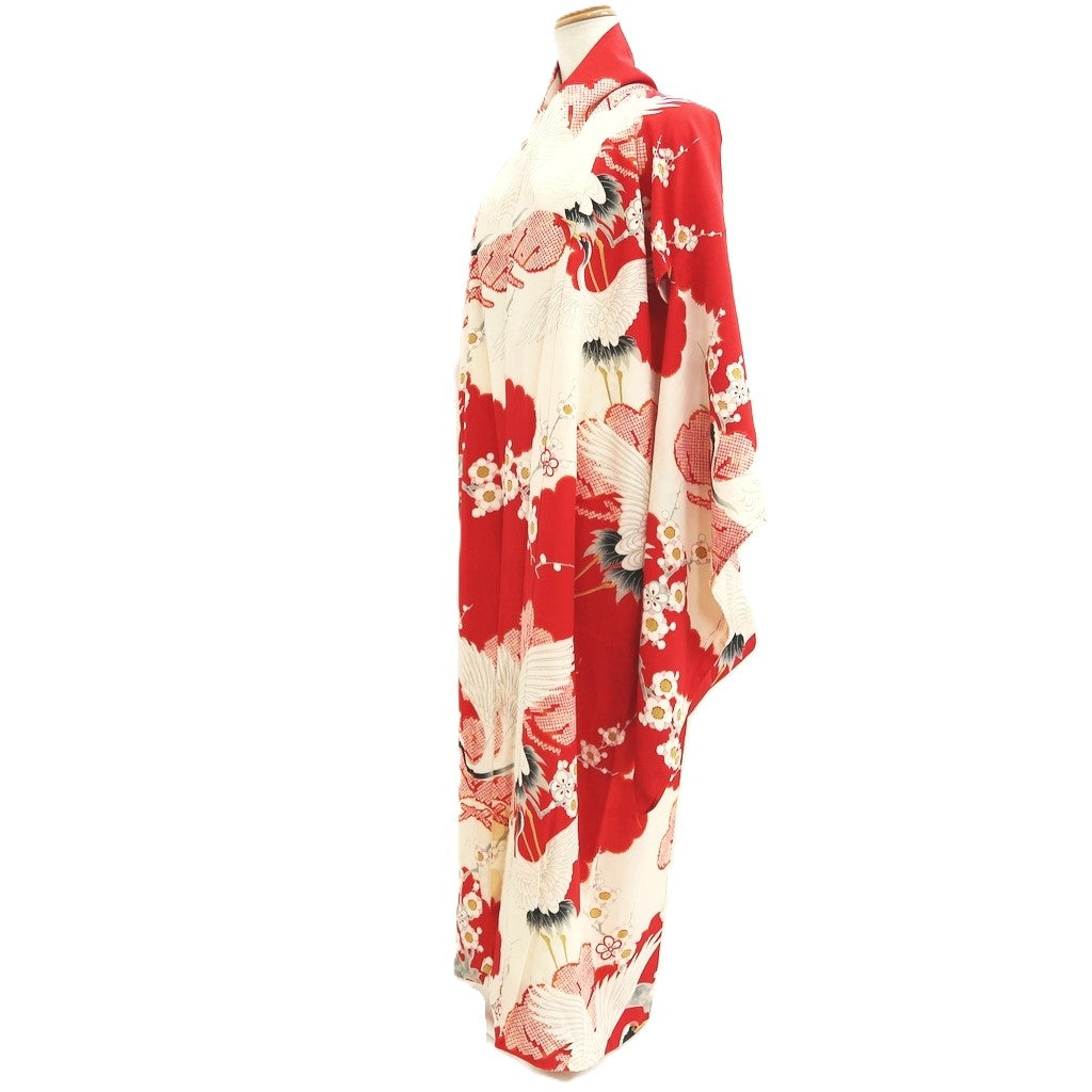 Juban Vintage(1920-1950) Red White Crane Birds Silk #10380F4