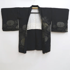 Haori Jacket Vintage(1950-1980) Black Gold Silver Chrysanthemum Silk #10098D2