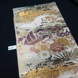 BB10047AD Silk Obi Fabric Crane Birds Gold Yellow 74.4x11.8in(189x30cm)