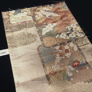 BB10027AC Silk Obi Fabric Crane Birds Chrysanthemum Gold 49.2x11.0in(125x28cm)