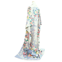 Load image into Gallery viewer, Furisode Blueish Gray Floral pattern Tall Silk #11083A5
