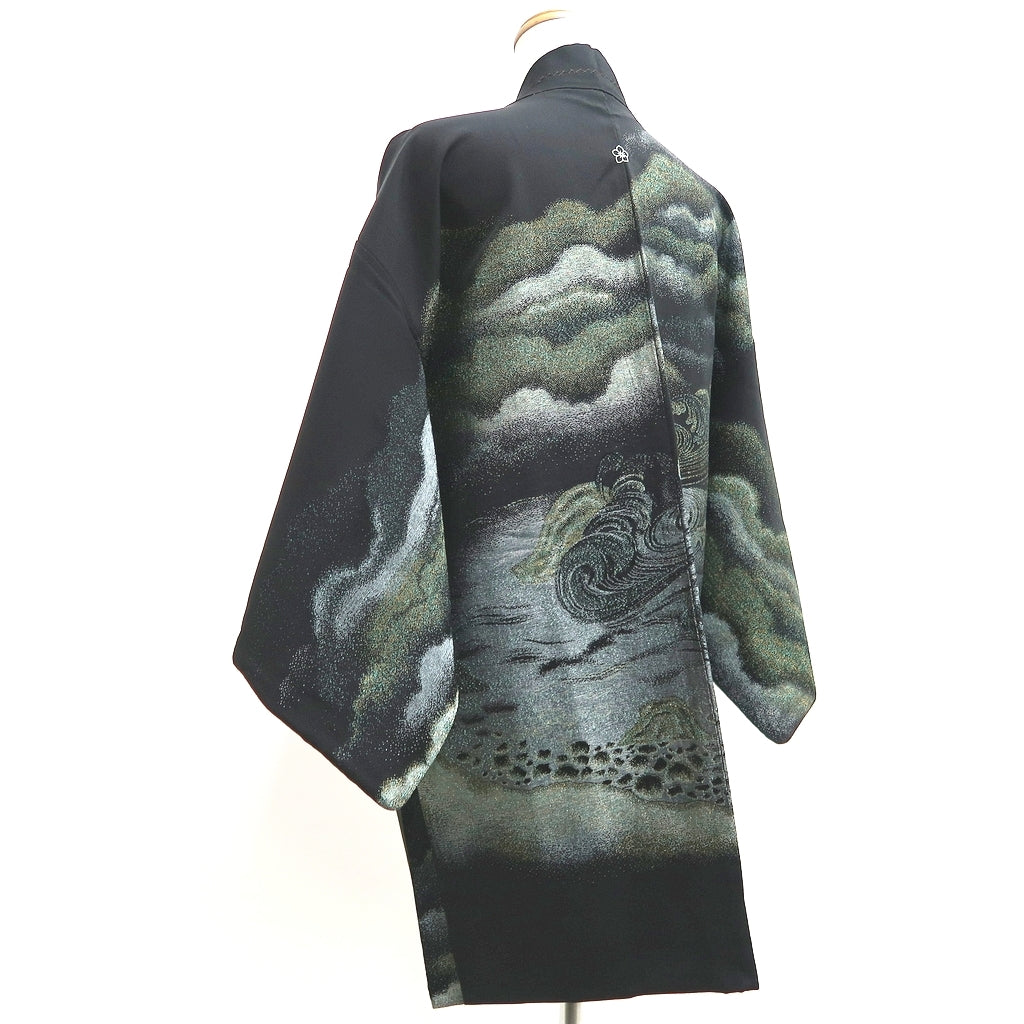 Haori Jacket Vintage(1950-1980) Black Silver Gold Landscape Wave Silk #10127D3