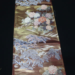 BB10067AE Silk Obi Fabric Peony Brown 54.7x10.6in(139x27cm)