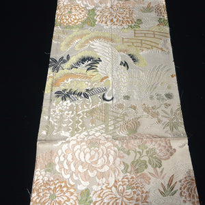 BB10037AC Silk Obi Fabric Vintage(1920-1950) Crane Birds White Green 71.3x11.4in(181x29cm)