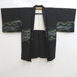 Haori Jacket Vintage(1950-1980) Black Silver Gold Landscape Wave Silk #10127D3