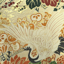 Load image into Gallery viewer, Maru Obi Vintage(1920-1950) Beige Gold Crane Birds Peony Kiku Silk BB284V6
