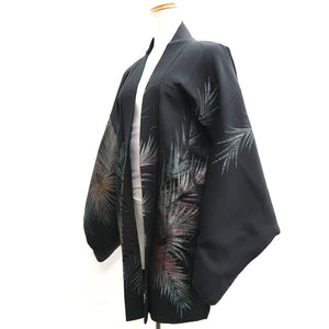 Haori Jacket Vintage(1950-1980) Black Silver Leaves Silk #10188D5