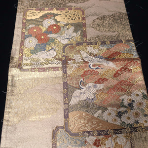 BB10027AC Silk Obi Fabric Crane Birds Chrysanthemum Gold 49.2x11.0in(125x28cm)