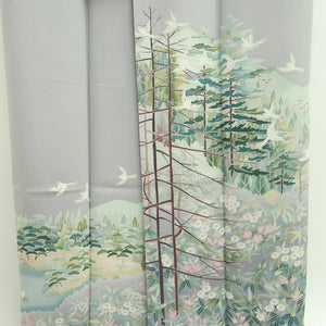 Kimono Light Gray Landscape Bird Tall Silk #9947B5