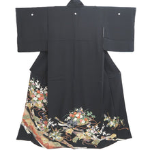 Load image into Gallery viewer, Tomesode Black Chrysanthemum Folding Fan Cherry Blossom Silk #10393F5
