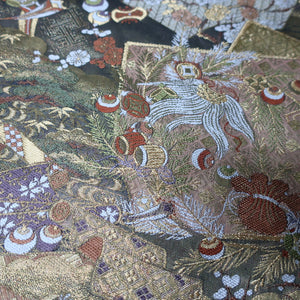 BB10006AB Silk Obi Fabric Crane Birds Gold 58.7x11.0in(149x28cm)