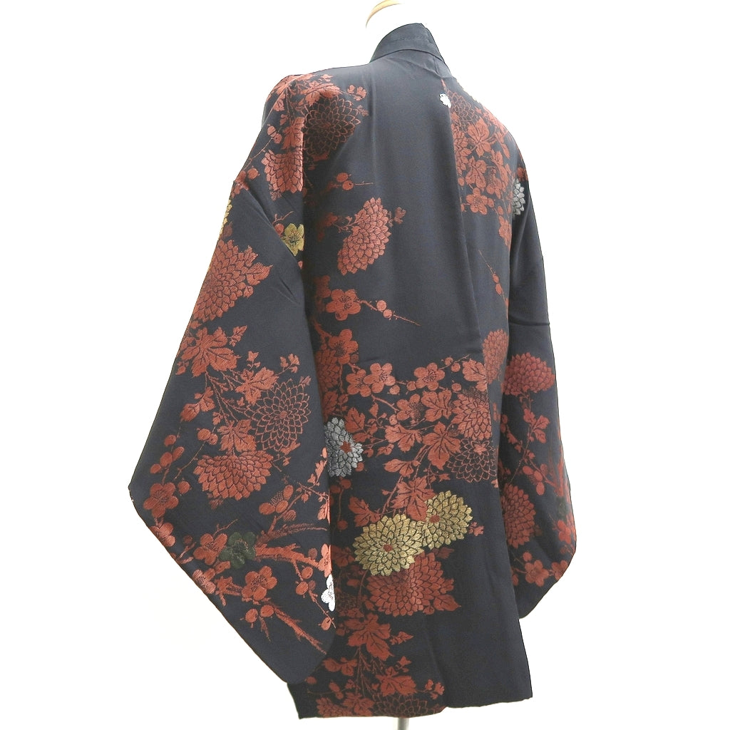 Haori Jacket Vintage(1950-1980) Black Ume Kiku Branch Silk #10113D2