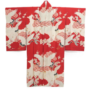 Juban Vintage(1920-1950) Red White Crane Birds Silk #10380F4