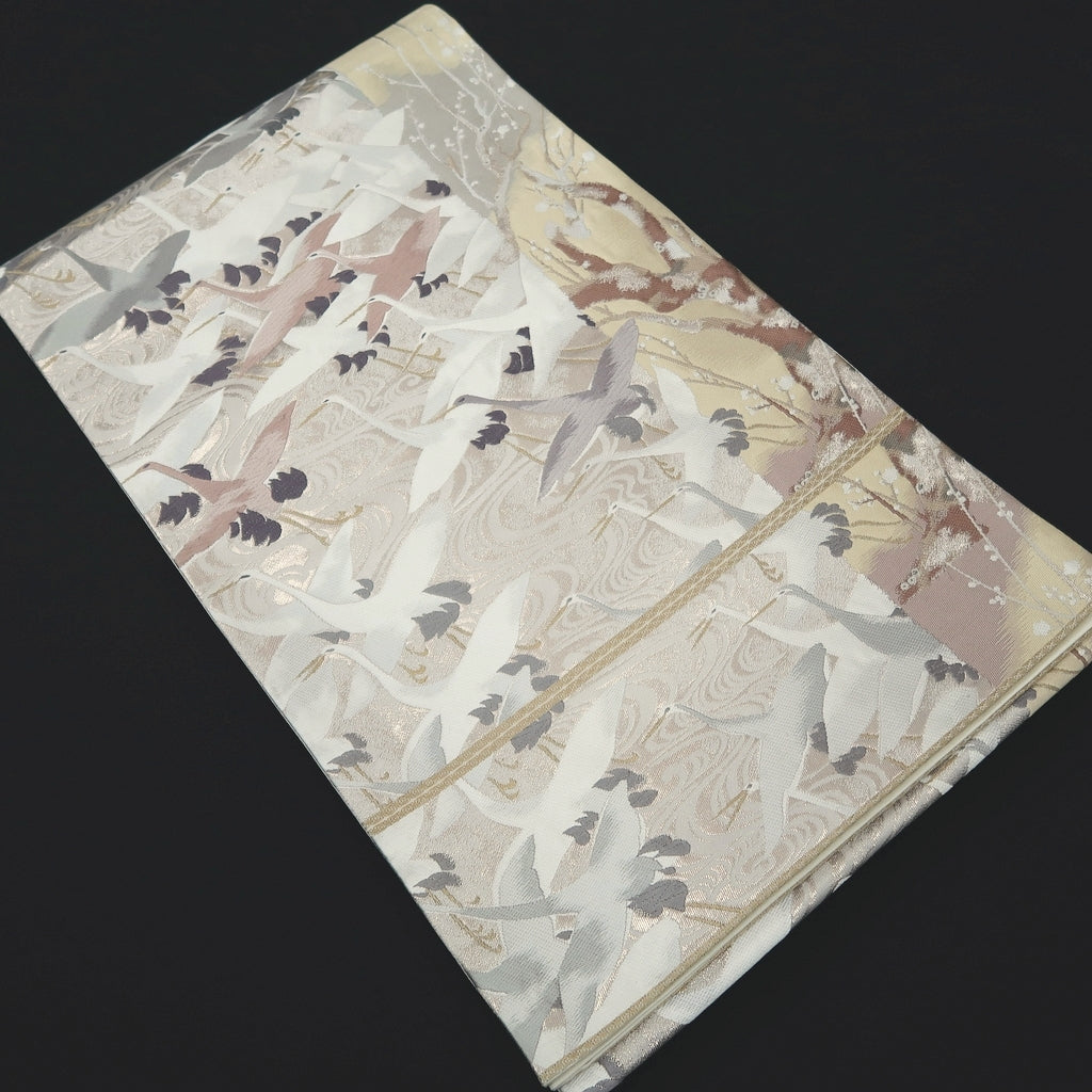Fukuro Obi White Silver Crane Birds Plum blossom Silk BB264V5