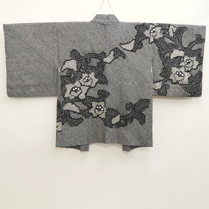 Haori Jacket Vintage(1950-1980) Black Shibori Peony Silk #9898B3