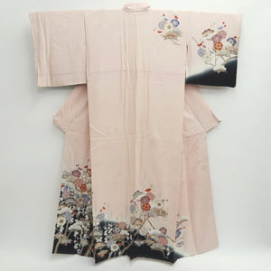 Kimono Pink Black Crane Birds Plum blossom Silk #9668J3