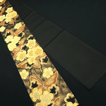 Load image into Gallery viewer, Fukuro Obi Black Gold Vermillion Butterfly Plum blossom Silk BB343W1
