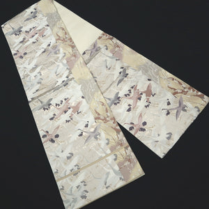 Fukuro Obi White Silver Crane Birds Plum blossom Silk BB264V5
