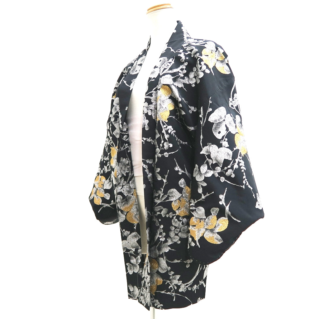 Haori Jacket Vintage(1950-1980) Black Silver Gold Grass Silk #9756A3
