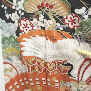 Tomesode Vintage(1920-1950) Black Crane Birds Hand painted Silk #10494B1