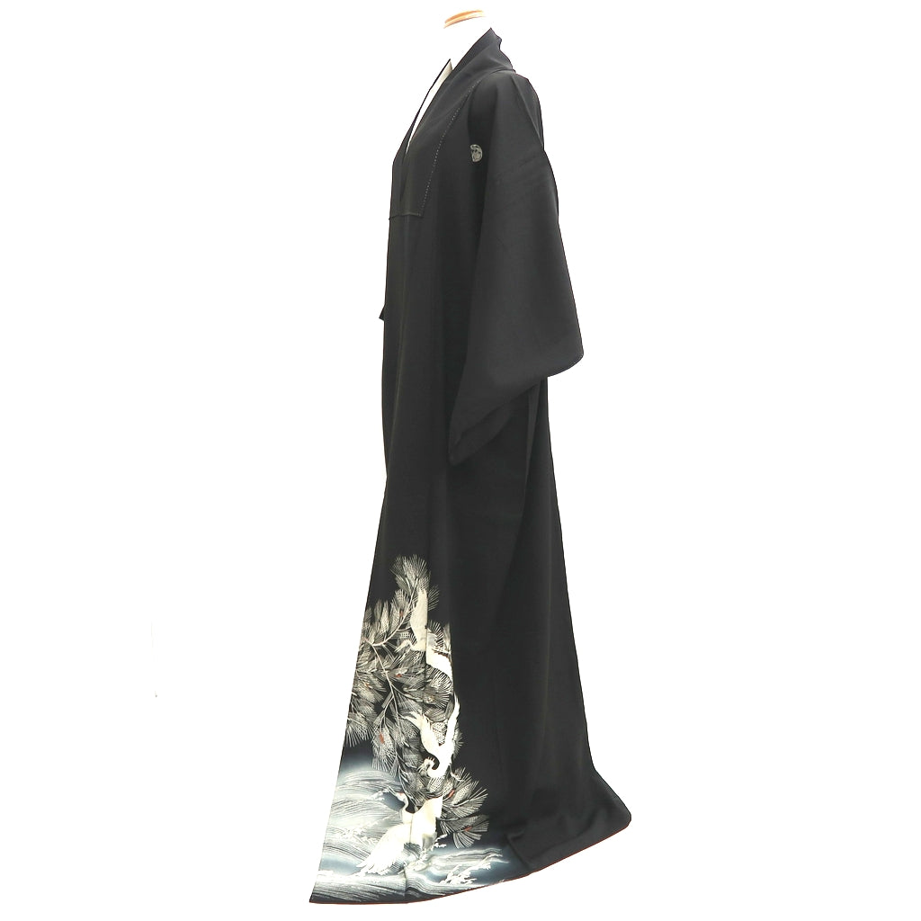Tomesode Vintage(1920-1950) Black Hand painted Crane Birds Silk #10404A1