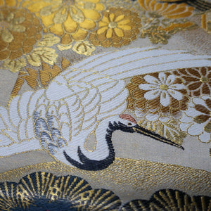 BB10047AD Silk Obi Fabric Crane Birds Gold Yellow 74.4x11.8in(189x30cm)