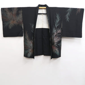 Haori Jacket Vintage(1950-1980) Black Silver Leaves Silk #10188D5