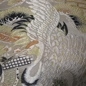BB10037AC Silk Obi Fabric Vintage(1920-1950) Crane Birds White Green 71.3x11.4in(181x29cm)