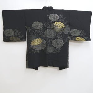 Haori Jacket Vintage(1950-1980) Black Gold Silver Chrysanthemum Silk #10098D2