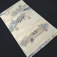 Load image into Gallery viewer, Fukuro Obi Beige Gold Hiroshige Tokaido53 Ukiyoe Silk BB344W1
