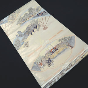 Fukuro Obi Beige Gold Hiroshige Tokaido53 Ukiyoe Silk BB344W1