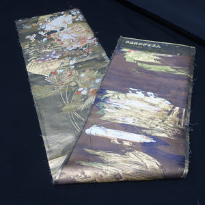 BB10006AB Silk Obi Fabric Crane Birds Gold 58.7x11.0in(149x28cm)