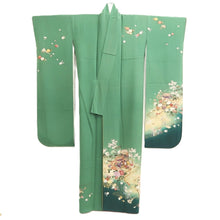 Load image into Gallery viewer, Furisode Green Cherry Blossom Chrysanthemum Silk #11094B1
