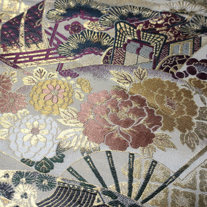 BB10047AD Silk Obi Fabric Crane Birds Gold Yellow 74.4x11.8in(189x30cm)