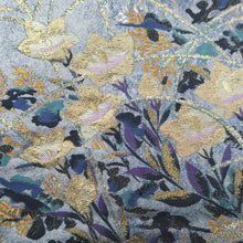 Load image into Gallery viewer, Fukuro Obi Silver Gray Gold Bellflower Kiku Hikihaku Silk BB330V9
