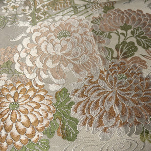 BB10037AC Silk Obi Fabric Vintage(1920-1950) Crane Birds White Green 71.3x11.4in(181x29cm)