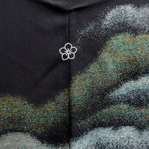 Haori Jacket Vintage(1950-1980) Black Silver Gold Landscape Wave Silk #10127D3