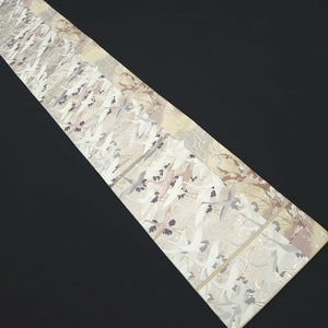 Fukuro Obi White Silver Crane Birds Plum blossom Silk BB264V5