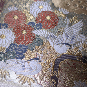 BB10027AC Silk Obi Fabric Crane Birds Chrysanthemum Gold 49.2x11.0in(125x28cm)