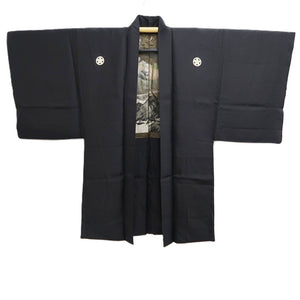 Men's Haori Vintage(1950-1980) Black Montsuki Landscape Silk #10413A2