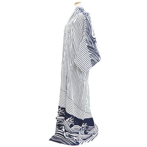 Yukata Vintage(1950-1980) White Navy Curling Wave Cotton #10487B1