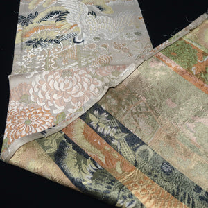 BB10037AC Silk Obi Fabric Vintage(1920-1950) Crane Birds White Green 71.3x11.4in(181x29cm)