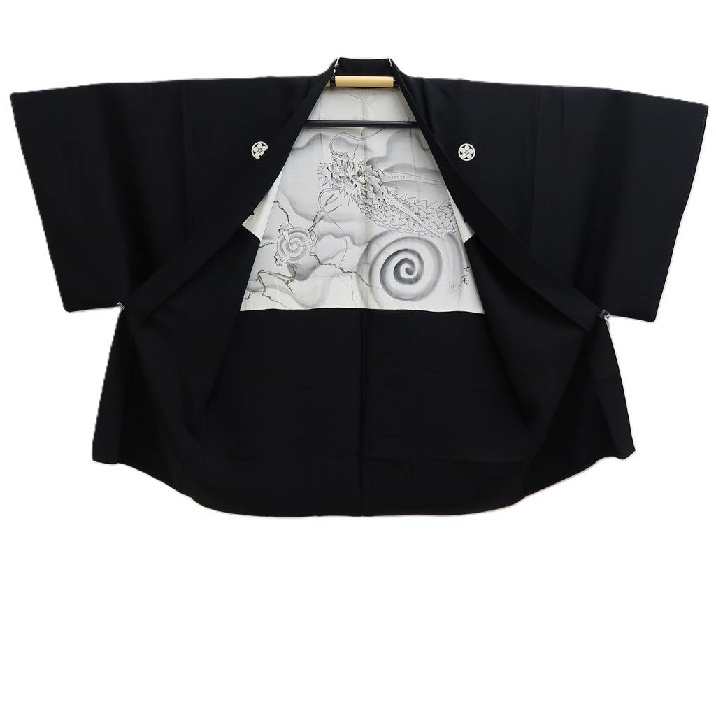 Men's Haori Vintage(1950-1980) Black Montsuki Dragon Wide Silk #10439A3