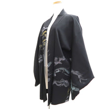 Load image into Gallery viewer, Haori Jacket Vintage(1950-1980) Black Gold Silver Wave Silk #10825E1

