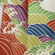 Load image into Gallery viewer, Furisode Vintage(1950-1980) White Red Blue Curling Wave Silk #10564B4
