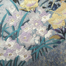 Load image into Gallery viewer, Fukuro Obi Silver Gray Gold Bellflower Kiku Hikihaku Silk BB330V9
