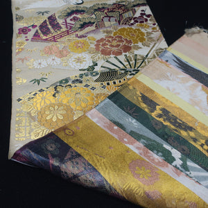 BB10047AD Silk Obi Fabric Crane Birds Gold Yellow 74.4x11.8in(189x30cm)