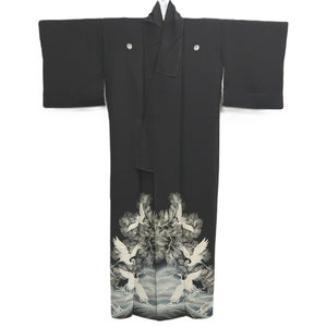 Tomesode Vintage(1920-1950) Black Hand painted Crane Birds Silk #10404A1