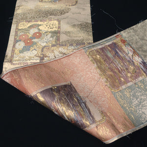 BB10027AC Silk Obi Fabric Crane Birds Chrysanthemum Gold 49.2x11.0in(125x28cm)