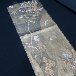 BB10007AB Silk Obi Fabric Crane Birds Gold 57.9x11.0in(147x28cm)